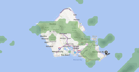 いまハワイのどこで雨が降っているかがわかる地図。