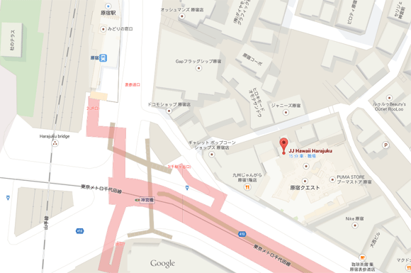 お店の場所は、JR原宿駅から表参道を歩き銀だこの脇の道へ入り、ジャニーズ原宿の向かいになります。